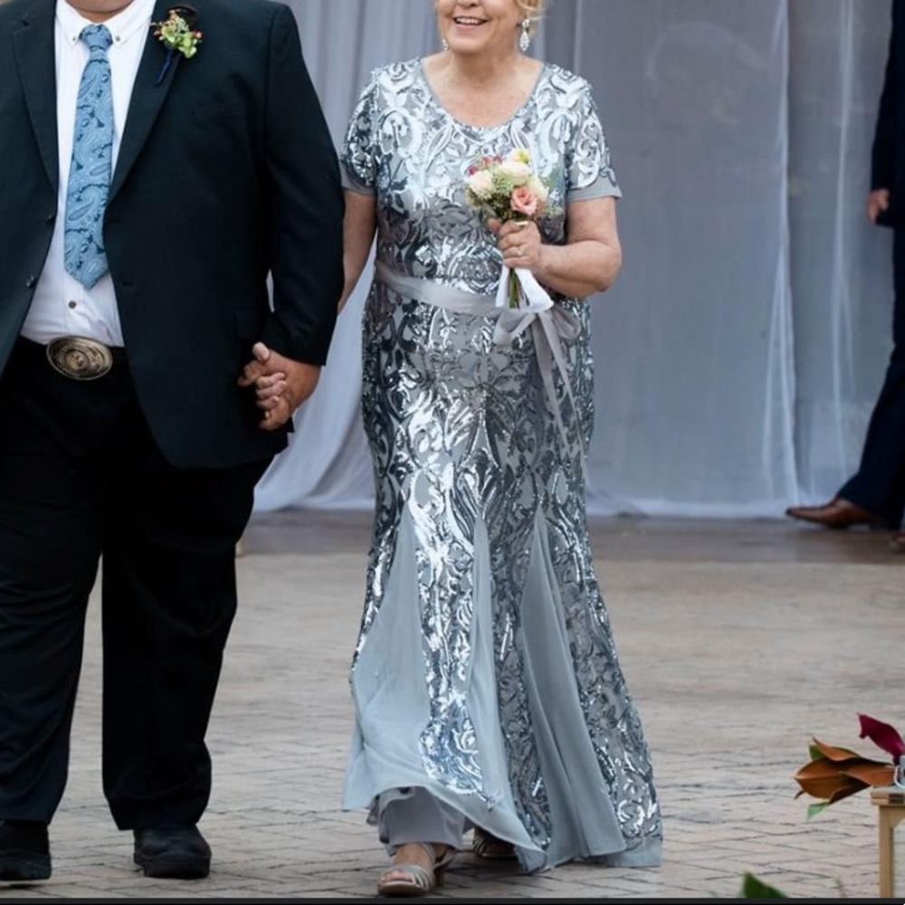 Stunning floor-length, silver sequin R&M Richards gown, perfect for MOB or gala